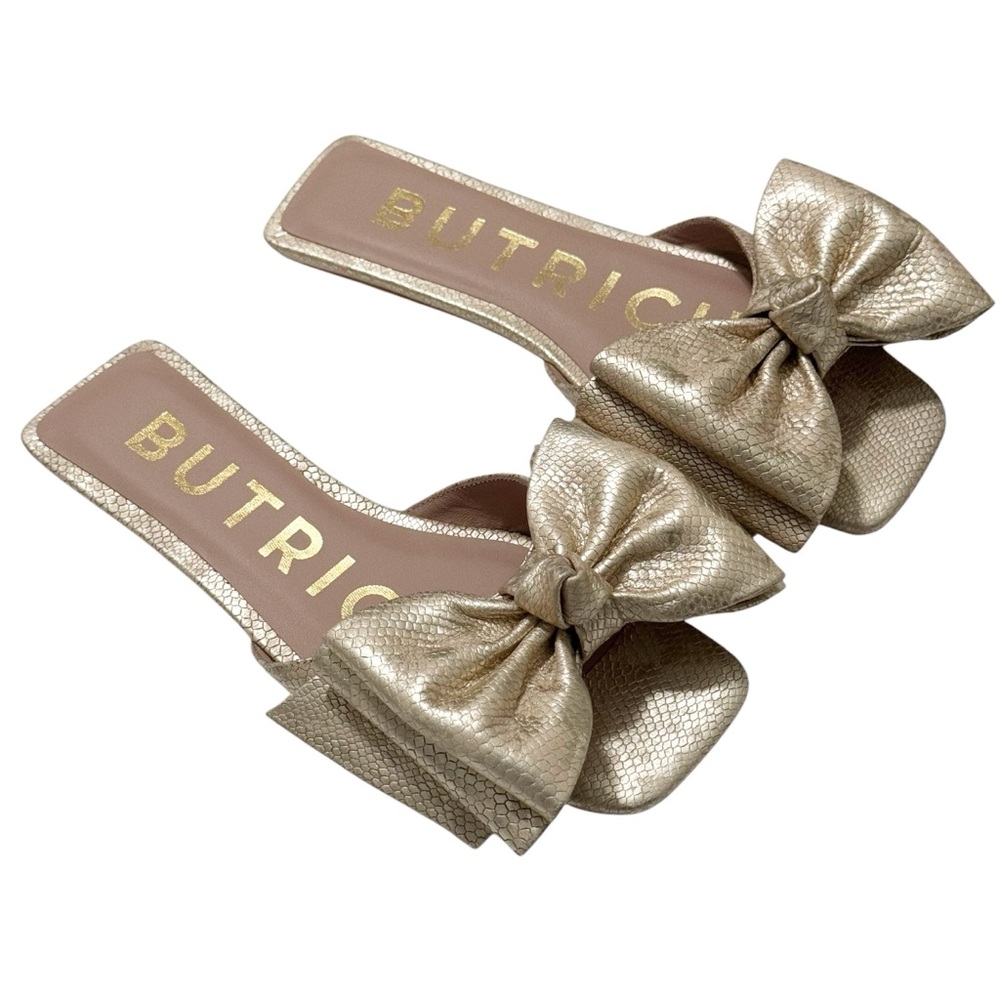 Butrich Irina Bow Metallic Gold Snakeskin Flat Sandal 5.5